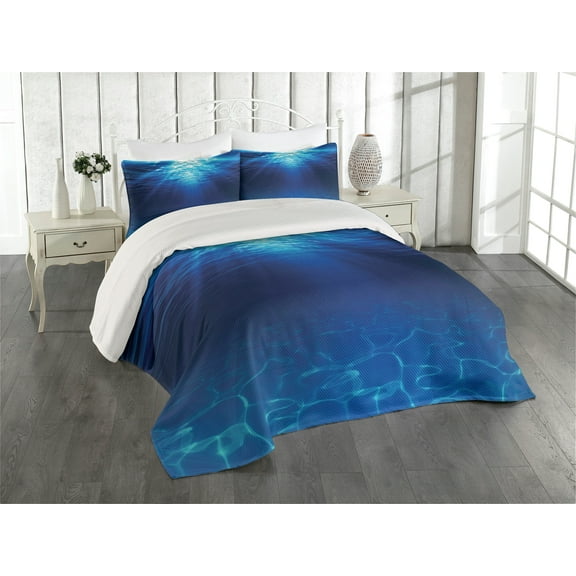Ambesonne Ocean Quilted Coverlet 3 Pcs, Sandy Seabed Sea Scene, Queen Size, Navy Blue Aqua