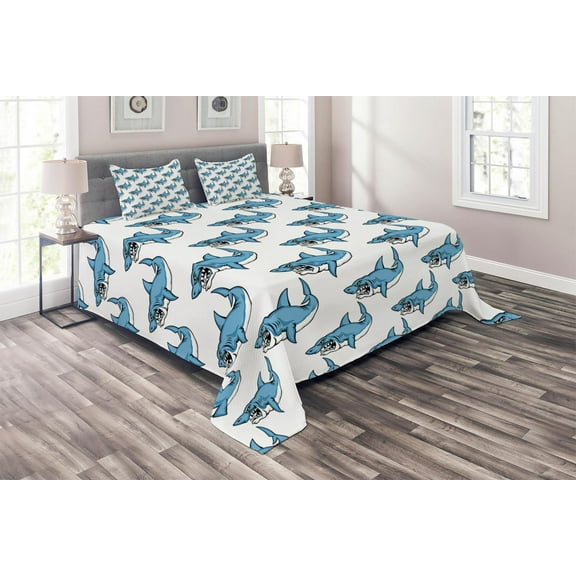 Ambesonne Ocean Quilted Coverlet 3 Pcs, Sea Fierce Wild Shark, King Size, Blue White