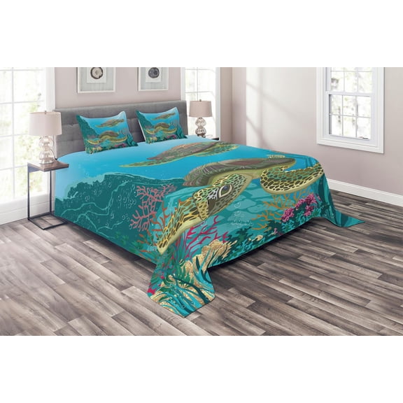 Ambesonne Ocean Quilted Coverlet 3 Pcs, Sealife Turtles Aquatic, Queen Size, Multicolor
