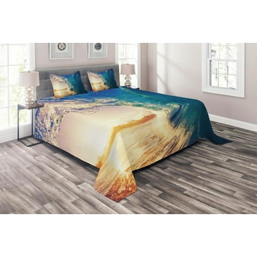 Ambesonne Ocean Quilted Coverlet 3 Pcs, Tropical Trees Shoreline, Queen Size, Teal Yellow