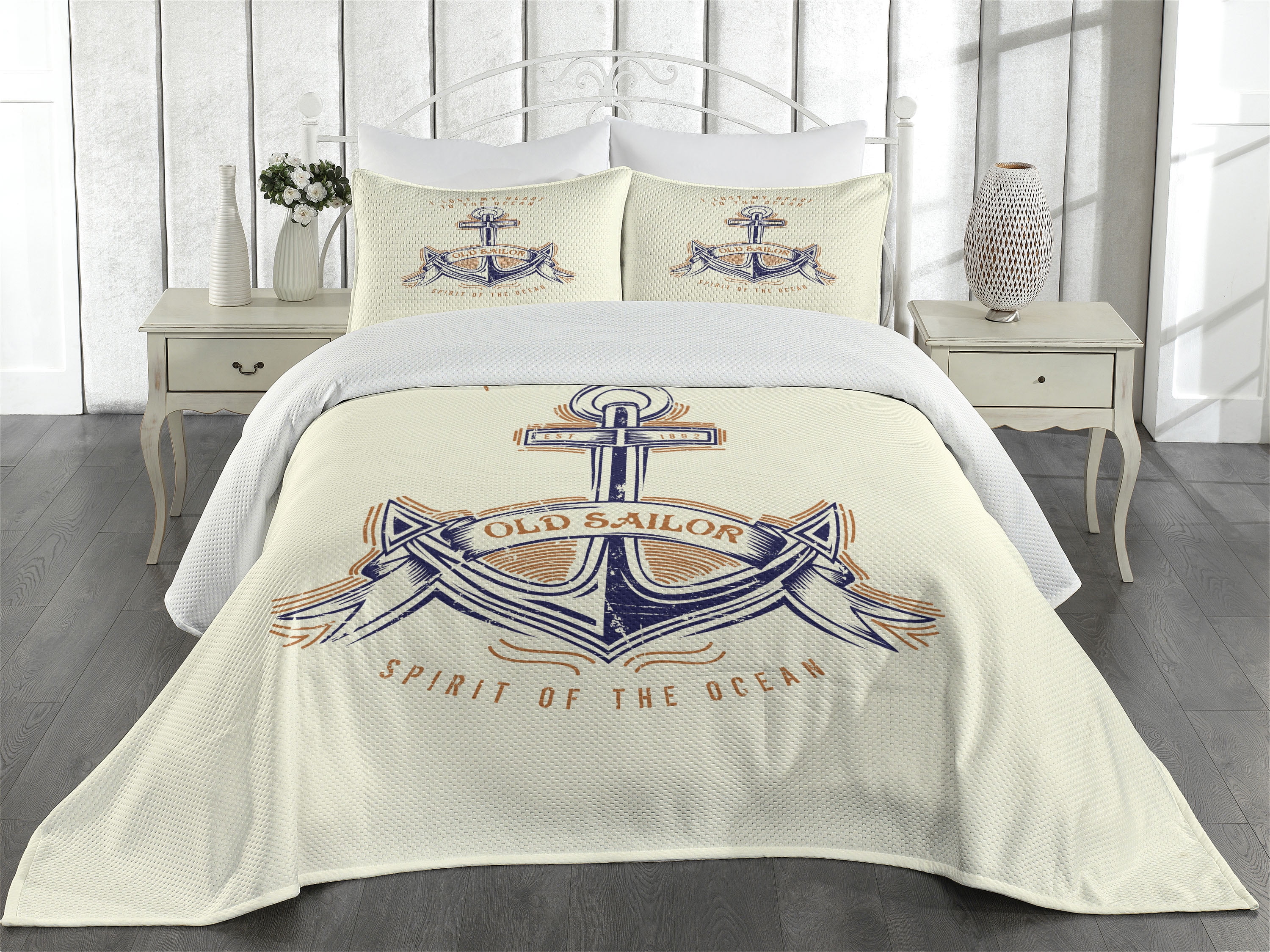 White Quilted Microfiber King Bedspread Set with Anchor Design