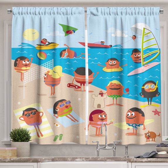 Ambesonne Ocean Scene Kitchen Curtains, People at Beach Cartoon, 55"x39", Sky Blue Pale Mustard
