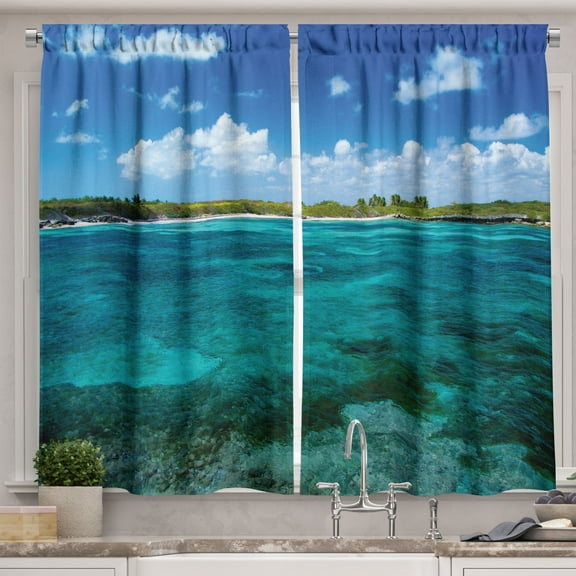 Ambesonne Ocean Scene Kitchen Curtains, Sea Island Sky View, 55"x30", Azure Blue Olive Green