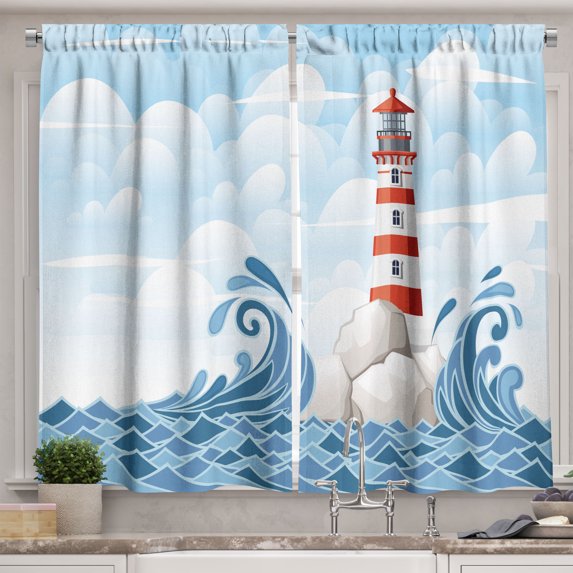 Ambesonne Ocean Scene Kitchen Curtains, Stormy Sea Lighthouse, 55"x30", Pale Blue Vermilion Grey