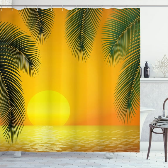Ambesonne Ocean Scene Shower Curtain, Romantic Sunset Horizon, 69"Wx84"L, Orange and Dark Green