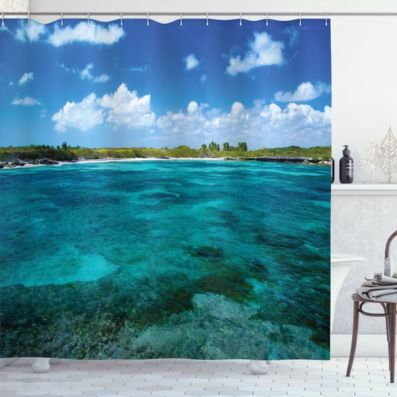 Ambesonne Ocean Scene Shower Curtain, Sea Island Sky View, 69"Wx70"L, Azure Blue Olive Green