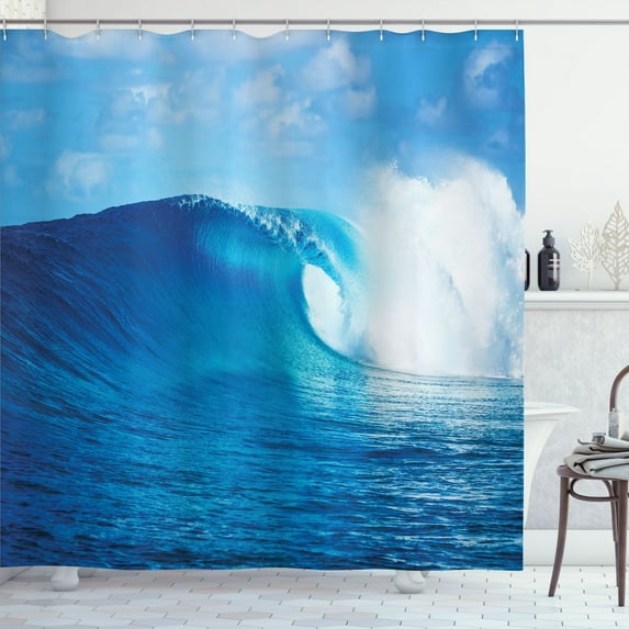 Ambesonne Ocean Shower Curtain, Cloudy Summer Sky Wavy, 69"Wx84"L, Navy White