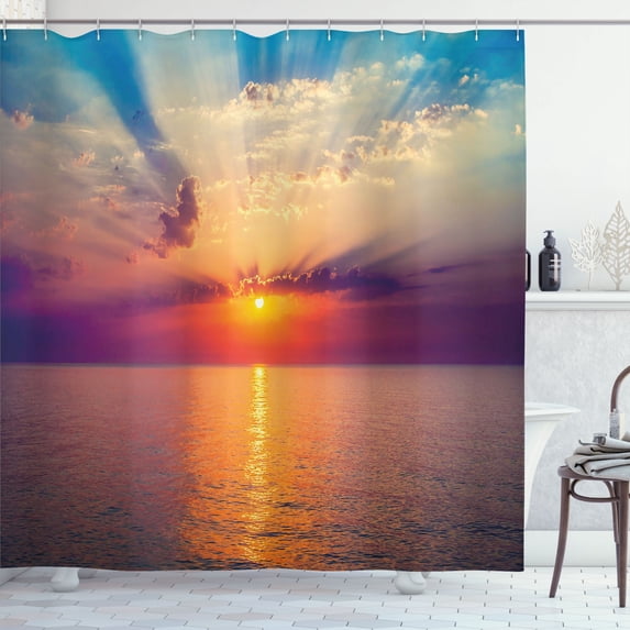 Ambesonne Ocean Shower Curtain, Dawn Sea Tranquil View, 69"Wx84"L, Orange Purple Blue