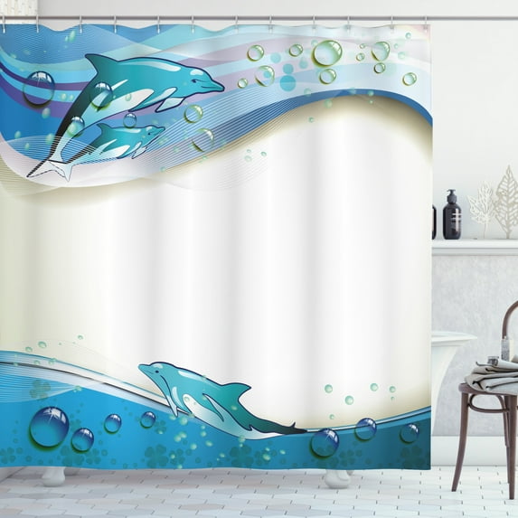 Ambesonne Ocean Shower Curtain, Dolphins Sea Waves Drops, 69"Wx75"L, Beige Blue Aqua