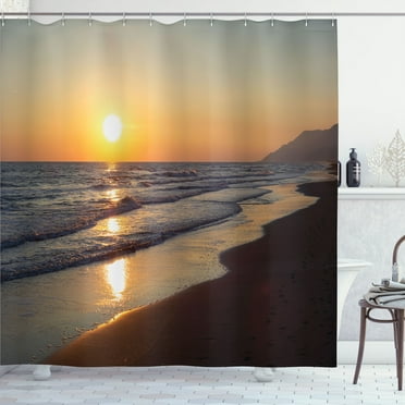Ambesonne Ocean Shower Curtain, Mediterranean Sunset Scenery, 69"Wx84"L, Apricot Seal Brown and Grey