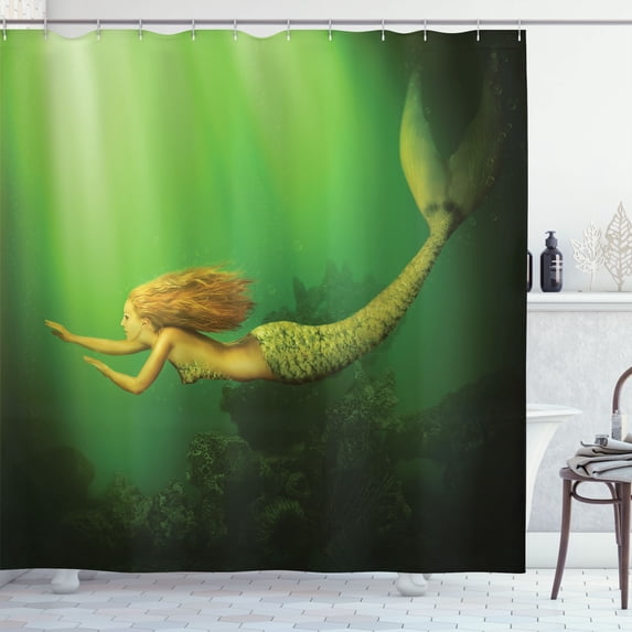 Ambesonne Ocean Shower Curtain, Mermaid with Fish Tail, 69"Wx84"L, Dark Green Ginger Green