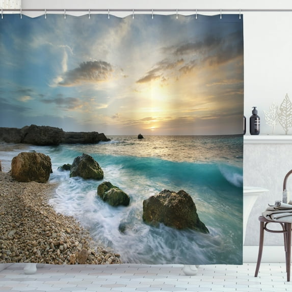 Ambesonne Ocean Shower Curtain, Seascape Sunrise Waves, 69"Wx70"L, Brown Blue Yellow