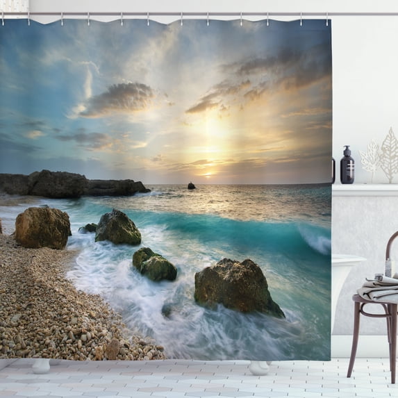 Ambesonne Ocean Shower Curtain, Seascape Sunrise Waves, 69"Wx75"L, Brown Blue Yellow