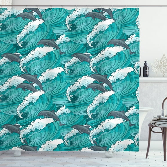Ambesonne Ocean Shower Curtain, Surfing Doodle Dolphins, 69"Wx70"L, Charcoal Grey Teal White