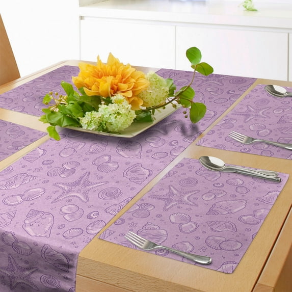 Ambesonne Ocean Table Runner & Placemats, Marine Shells in Violet Tones, Placemat 4 pcs + Runner 16"x72", Violet and Mauve