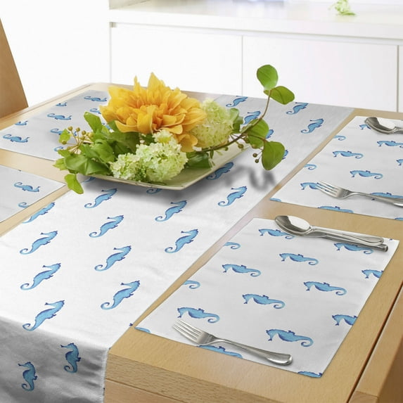 Ambesonne Ocean Table Runner & Placemats, Navy Fish Motif Sealife, Placemat 4 pcs + Runner 16"x90", Turquoise White