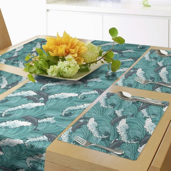 Ambesonne Ocean Table Runner & Placemats, Surfing Doodle Dolphins, Placemat 4 pcs + Runner 14"x72", Charcoal Grey Teal White