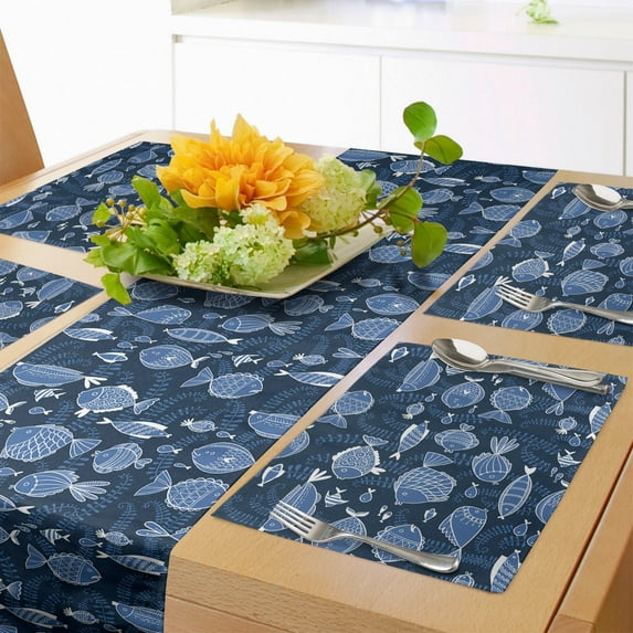 Ambesonne Ocean Table Runner & Placemats, Tropic Fish Moss Leaves, Placemat 4 pcs + Runner 12"x72", Blue Indigo Royal Blue