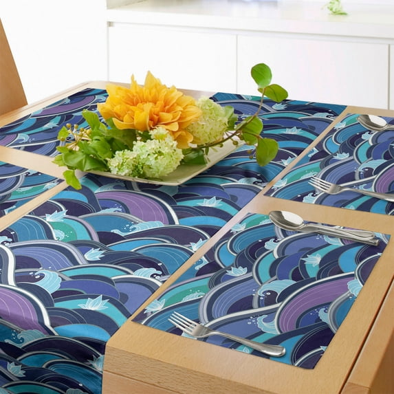 Ambesonne Ocean Table Runner & Placemats, Waves of the Sea Lotus, Placemat 4 pcs + Runner 14"x72", Pale Blue Navy Blue