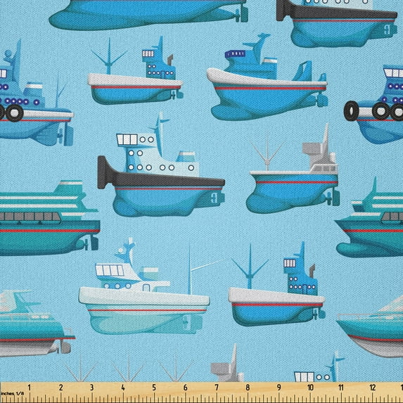 Ambesonne Ocean Themed Fabric by the Yard Microfiber, Voyage Vibes Ship Art, 3 Yards, Deep Sky Blue Dark Pink