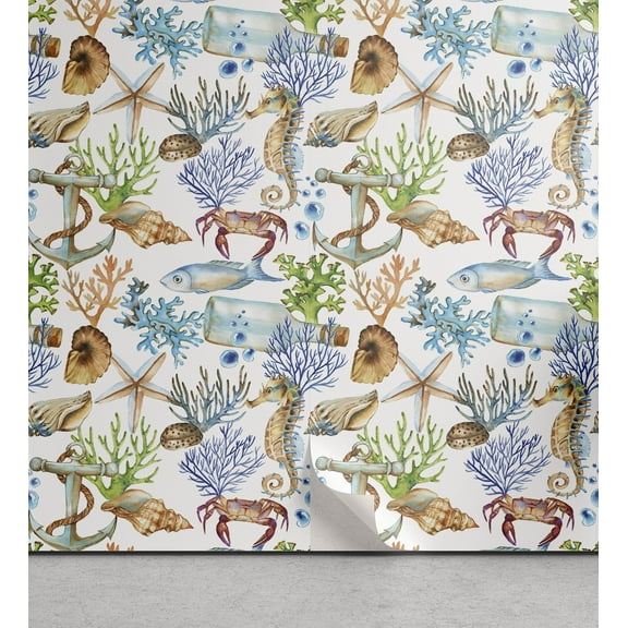 Ambesonne Ocean Themed Peel & Stick Wallpaper for Home, Nautical Fish Corals, 13"x72", Pale Caramel Sea Blue