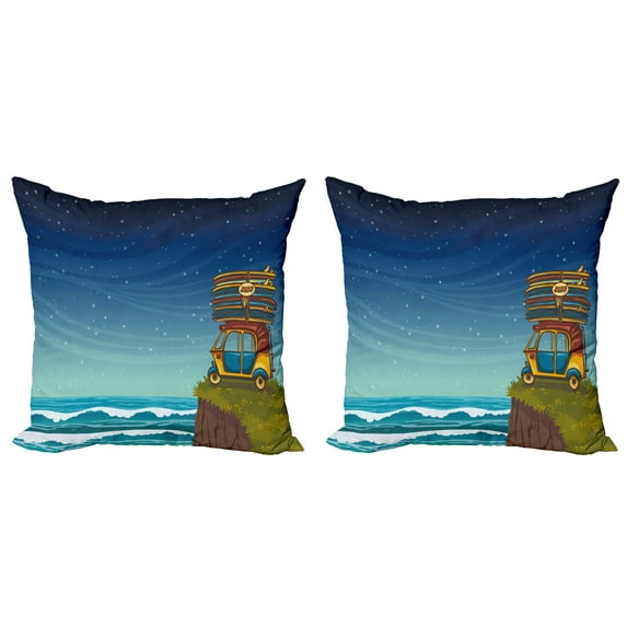 Ambesonne Ocean Throw Pillow Cover 2 Pack, Cartoon Car Surfboards, 20", Multicolor