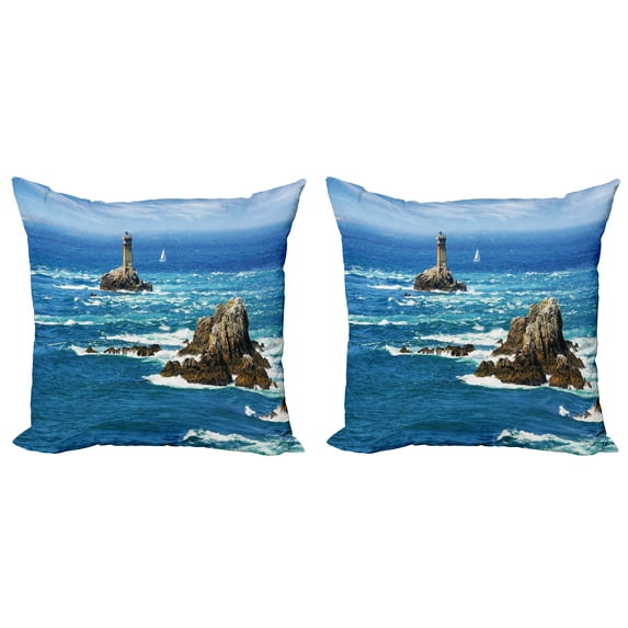 Ambesonne Ocean Throw Pillow Cover 2 Pack, Daytime Wavy Rocky Sea, 20", Blue Grey White