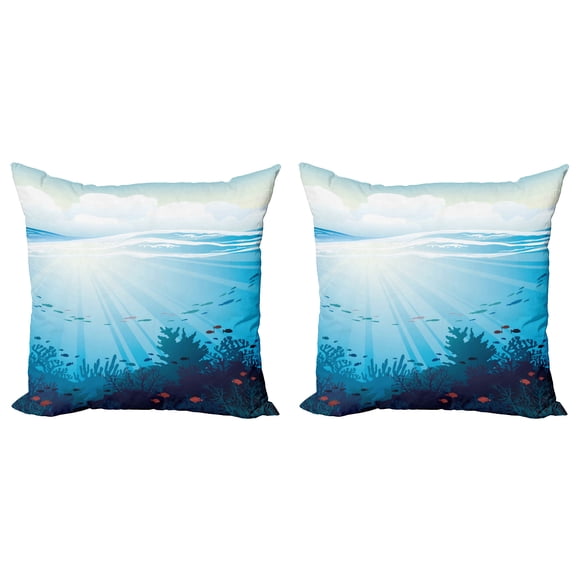 Ambesonne Ocean Throw Pillow Cover 2 Pack, Fish Aquarium Coral Reefs, 18", Teal Turquoise and Blue