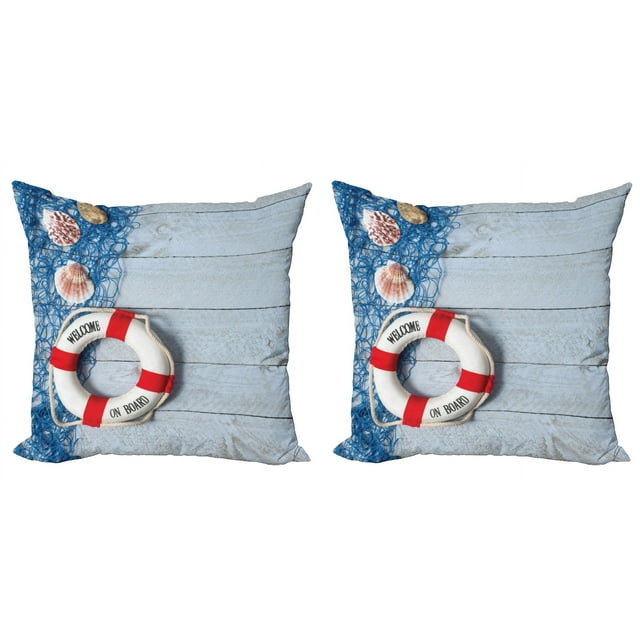 Ambesonne Ocean Throw Pillow Cover 2 Pack, Fishing Net Wood Seashell, 20", Dust Blue Red