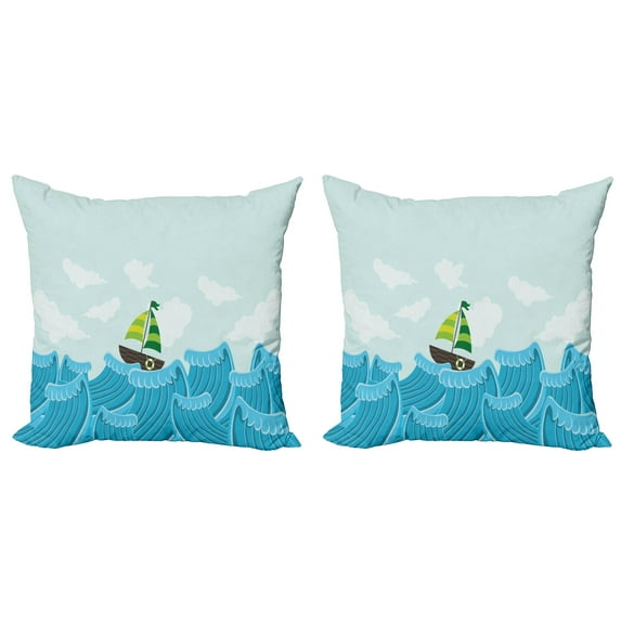 Ambesonne Ocean Throw Pillow Cover 2 Pack, Sailing Boat on the Sea, 16", Pale Blue Sky Blue