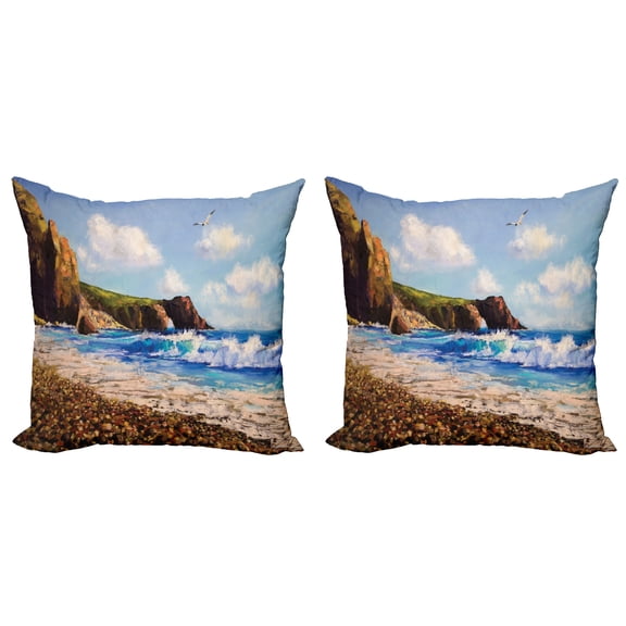 Ambesonne Ocean Throw Pillow Cover 2 Pack, Sea Coast by Beach Rock, 16", Blue Brown White
