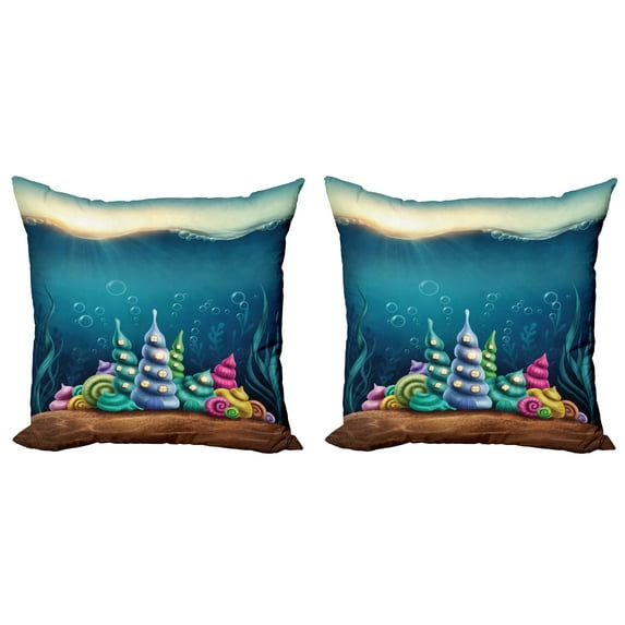 Ambesonne Ocean Throw Pillow Cover 2 Pack, Shell Houses Bubbles, 16", Teal Brown