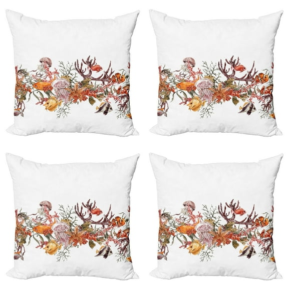 Ambesonne Ocean Throw Pillow Cover 4 Pack, Coral Algea Sealife, 18", Mustard Olive
