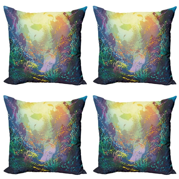 Ambesonne Ocean Throw Pillow Cover 4 Pack, Coral Reef Aquarium Art, 20", Turquoise Yellow Pink