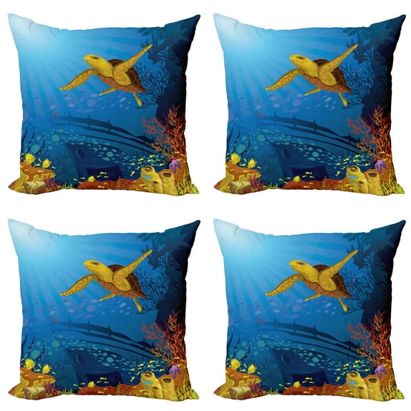 Ambesonne Ocean Throw Pillow Cover 4 Pack, Coral Reef Fish Turtle, 24", Yellow Orange Navy