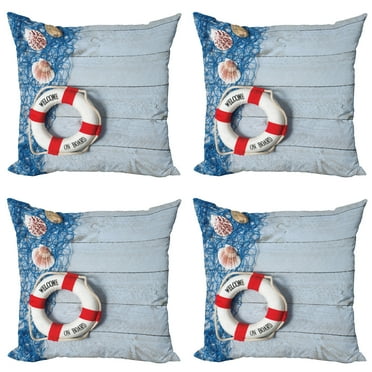Ambesonne Ocean Throw Pillow Cover 4 Pack, Fishing Net Wood Seashell, 16", Dust Blue Red