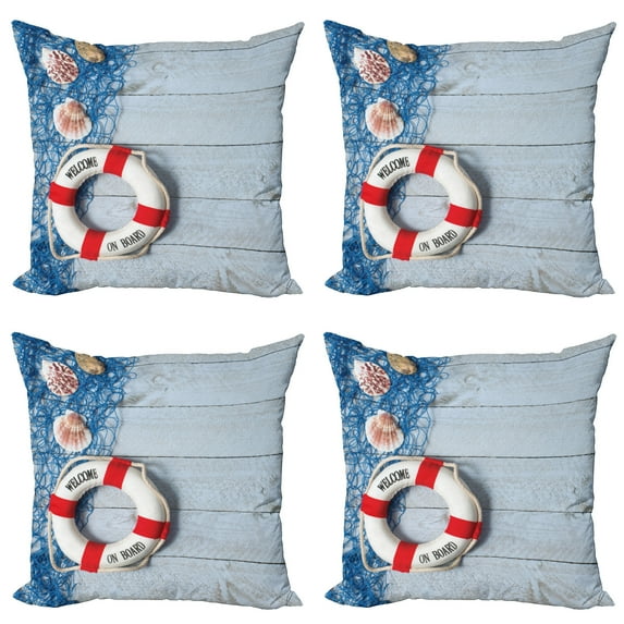 Ambesonne Ocean Throw Pillow Cover 4 Pack, Fishing Net Wood Seashell, 24", Dust Blue Red