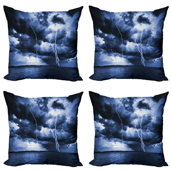 Ambesonne Ocean Throw Pillow Cover 4 Pack, Rain Clouds Storm Rays, 16", Blue