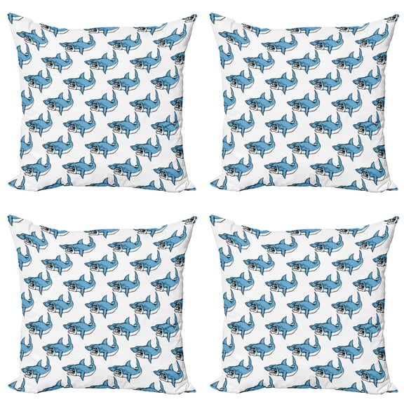 Ambesonne Ocean Throw Pillow Cover 4 Pack, Sea Fierce Wild Shark, 18", Blue White