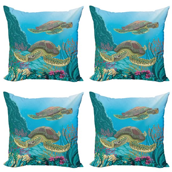 Ambesonne Ocean Throw Pillow Cover 4 Pack, Sealife Turtles Aquatic, 24", Multicolor