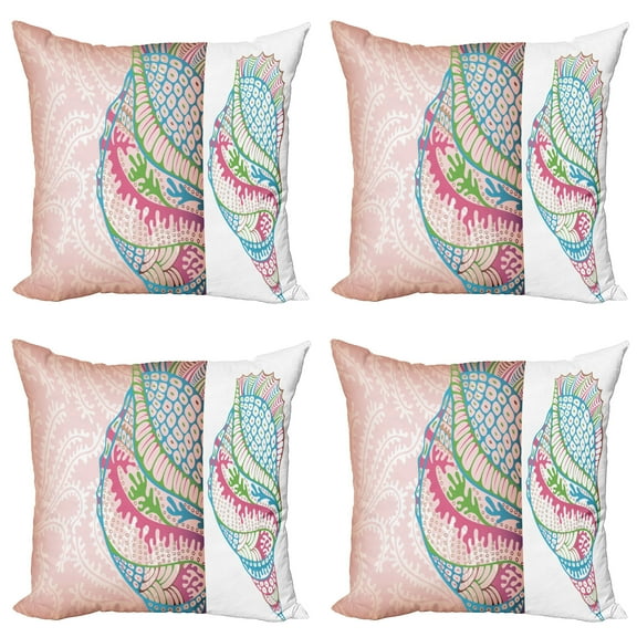 Ambesonne Ocean Throw Pillow Cover 4 Pack, Seashells Ornate Vivid, 18", Pink Blue Green