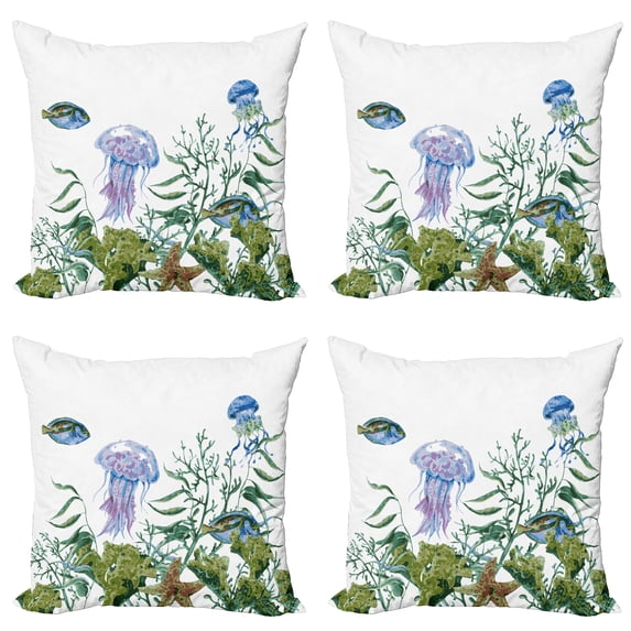 Ambesonne Ocean Throw Pillow Cover 4 Pack, Seaweed Jellyfish Fish, 18", Reseda Green Jade Green