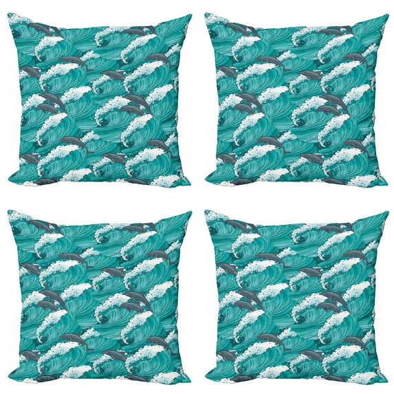 Ambesonne Ocean Throw Pillow Cover 4 Pack, Surfing Doodle Dolphins, 16", Charcoal Grey Teal White