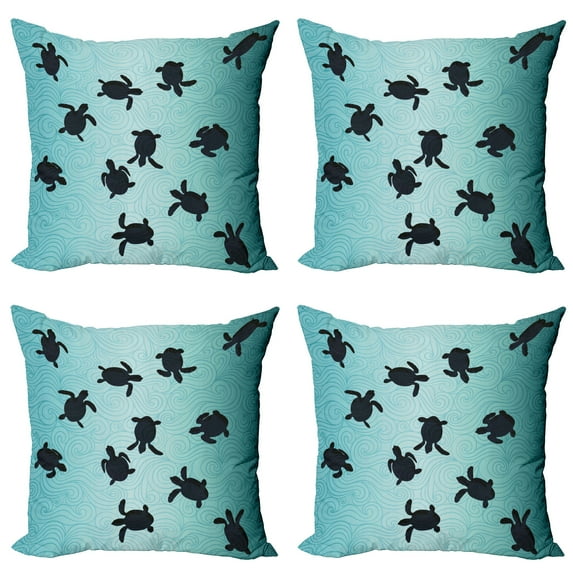 Ambesonne Ocean Throw Pillow Cover 4 Pack, Turtles Deep Sealife, 16", Dark Blue Teal