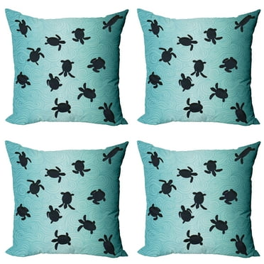 Ambesonne Ocean Throw Pillow Cover 4 Pack, Turtles Deep Sealife, 24", Dark Blue Teal
