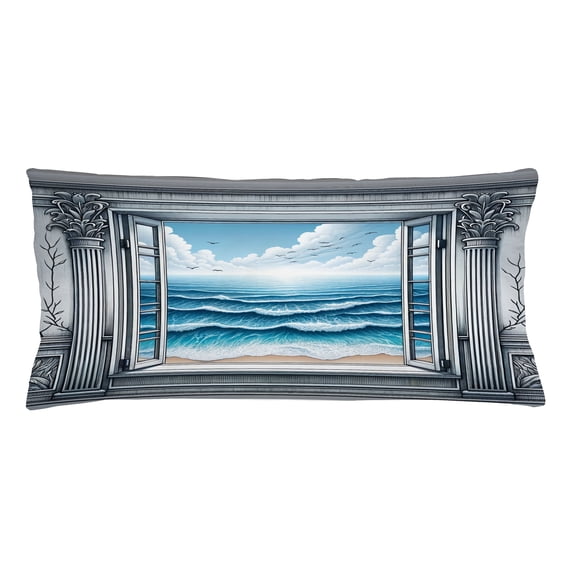 Ambesonne Ocean Throw Pillow Cushion Cover, Historic Window Sea Scenery, 36" X 16", Sea Blue Coconut and Camel