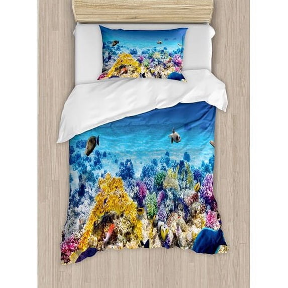 Ambesonne Ocean Underwater Sea World Scene with Goldfish Starfish Jellyfish Depth Diving Concept Duvet Cover Set