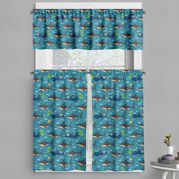 Ambesonne Ocean Valance & Curtain, Sharks and Diver Man Cartoon, 55"x30", Grey and Petrol Blue