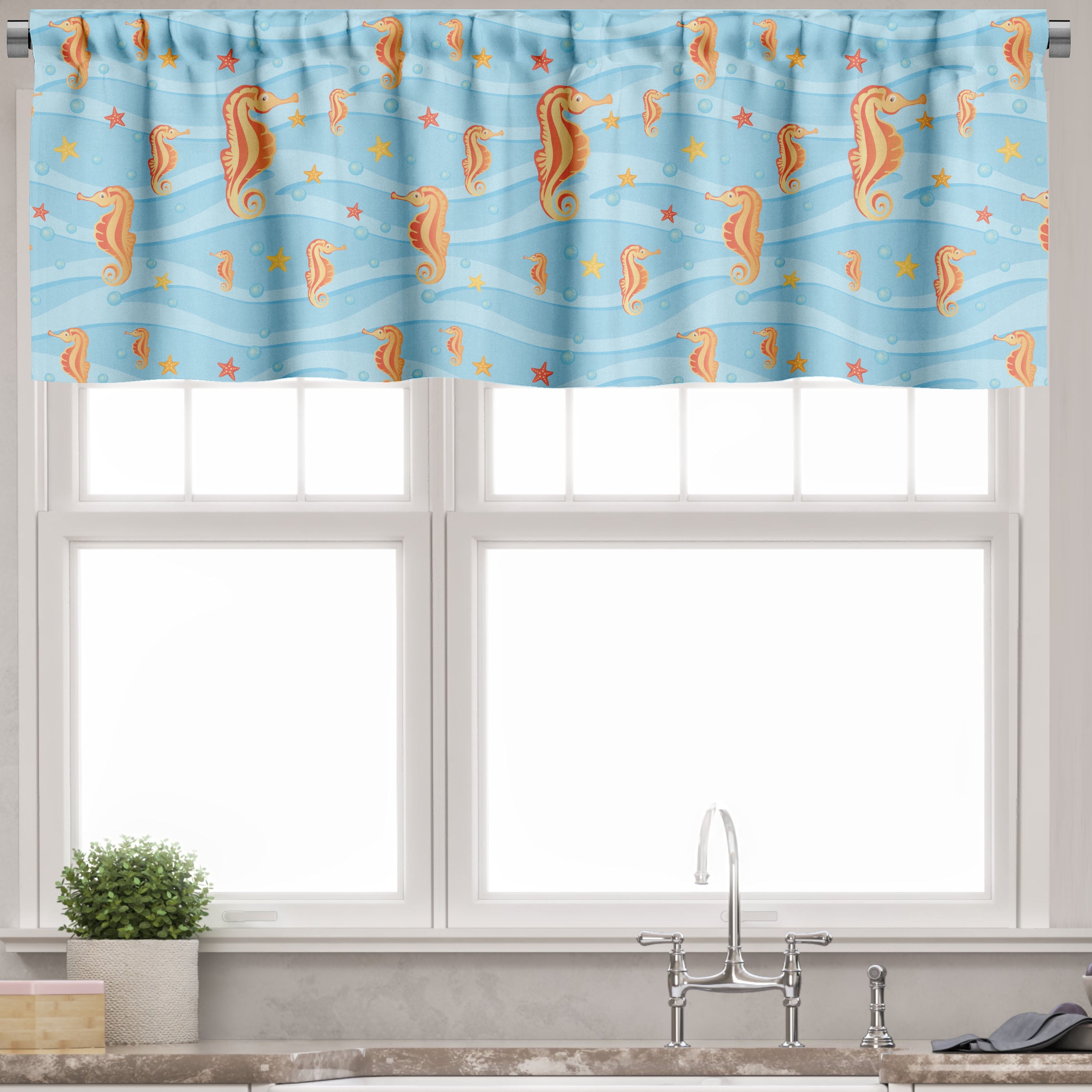 Ambesonne Ambesonne Ocean Valance Pack of 2 Waves Tropic Sea Ceature Orange Blue