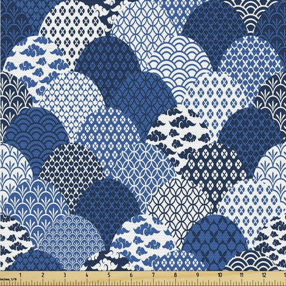 Ambesonne Ocean Waves Fabric by the Yard Upholstery, Abstract Japan Pattern, 3 Yards, Dark Lavender White